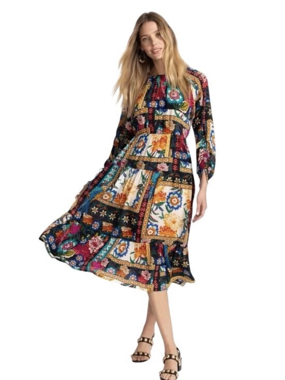 Johnny Was Multicolor Floral Patchwork Midi Dress